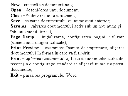 Text Box: New � creeaza un document nou; 
Open � deschiderea unui document; 
Close � �nchiderea unui document; 
Save � salvarea documentului cu nume avut anterior;
Save As � salvarea documentului activ sub un nou nume si �ntr-un anumit format; 
Page Setup � initializarea, configurarea paginii utilizate (dimensiuni, magini utilizate); 
Print Preview � examinare �nainte de imprimare, afisarea documentului �n forma �n care va fi tiparit;
Print � tiparirea documentului; Lista documentelor utilizate recent (la o configuratie standard se afiseaza numele a patru documente; 
Exit � parasirea programului Word.
