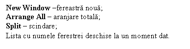 Text Box: New Window �fereastra noua;
Arrange All � aranjare totala;
Split � scindare;
Lista cu numele ferestrei deschise la un moment dat.
